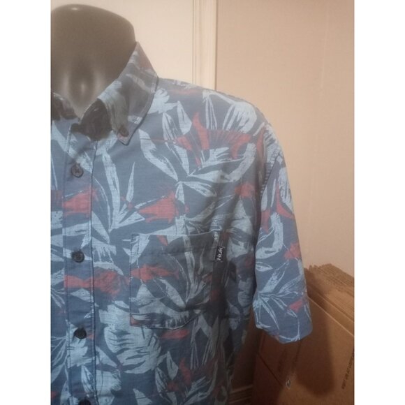 Huk Shirt Mens Sz L Blue Floral Performance Fishing Button Camp Outdoor Casual - Picture 7 of 13